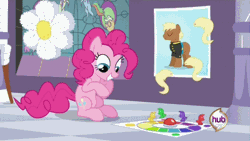 Size: 480x270 | Tagged: safe, derpibooru import, screencap, pinkie pie, a canterlot wedding, animated, board game, cute, diapinkes, dice, eyebrows, hub logo, not meadow song, pin the tail on the pony, piñata, sitting, smiling, solo, squee, tongue out