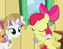 Size: 523x405 | Tagged: animated, apple bloom, cropped, cutie mark crusaders, derpibooru import, hoof hold, messy, mud, newspaper, offscreen character, ponyville confidential, safe, scootaloo, screencap, sitting, sweetie belle
