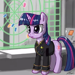 Size: 900x900 | Tagged: safe, artist:johnjoseco, derpibooru import, twilight sparkle, pony, unicorn, battlestar galactica, clothes, female, frown, mare, radar, solo, unicorn twilight