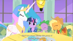 Size: 1366x768 | Tagged: applejack, derpibooru import, princess celestia, safe, screencap, spike, the best night ever, twilight sparkle, youtube caption