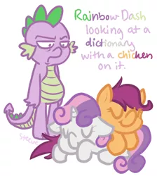 Size: 608x680 | Tagged: safe, artist:steeve, derpibooru import, rainbow dash, scootaloo, spike, sweetie belle, dragon, pegasus, pony, unicorn, adobe imageready, annoyed, colored text, cropped, dictionary belle, female, filly, green text, male, new rainbow dash, orange text, purple text, scootachicken, simple background, sleeping, white background