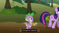 Size: 639x359 | Tagged: applebuck season, baked bads, caption, derpibooru import, edit, edited screencap, muffin, safe, screencap, spike, twilight sparkle, youtube caption