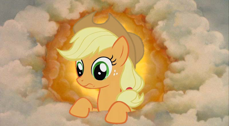 Size: 800x441 | Tagged: safe, derpibooru import, applejack, earth pony, pony, applestare, crossover, female, funny, funny as hell, god, mare, monty python, monty python and the holy grail, solo