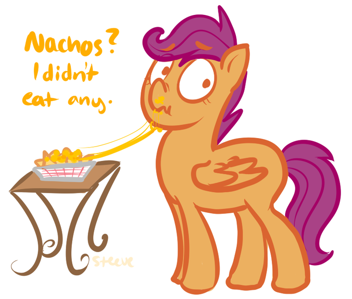 Size: 800x680 | Tagged: safe, artist:steeve, derpibooru import, scootaloo, pegasus, pony, cheese, cropped, female, filly, lies, nachos, scrunchy face, simple background, solo, table, white background