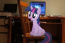 Size: 900x599 | Tagged: artist needed, safe, derpibooru import, twilight sparkle, pony, unicorn, chair, computer, image, irl, photo, png, ponies in real life, solo, vector, windows