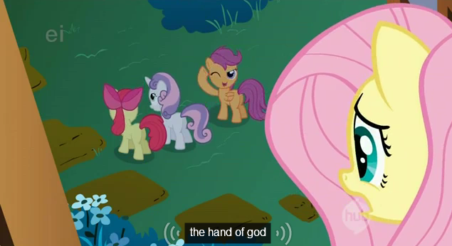 Size: 635x346 | Tagged: apple bloom, caption, cutie mark crusaders, derpibooru import, edit, edited screencap, ei, fluttershy, god, hand, hub logo, safe, scootaloo, screencap, stare master, sweetie belle, youtube caption