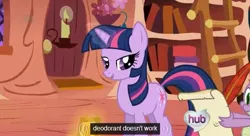 Size: 631x343 | Tagged: caption, derpibooru import, edit, edited screencap, ei, hub logo, safe, screencap, spike, the ticket master, twilight sparkle, youtube caption