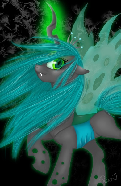 Size: 1147x1754 | Tagged: dead source, safe, artist:ouyrof, derpibooru import, queen chrysalis, changeling, changeling queen, fangs, female, floppy ears, glowing horn, horn, image, jpeg, raised hoof, signature, solo, wind, windswept mane