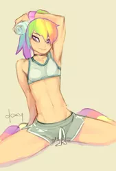 Size: 550x815 | Tagged: armpits, artist:doxy, breasts, clothes, delicious flat chest, derpibooru import, female, human, humanized, light skin, looking at you, midriff, rainbow dash, rainbow flat, simple background, sitting, skinny, solo, solo female, suggestive, yellow background