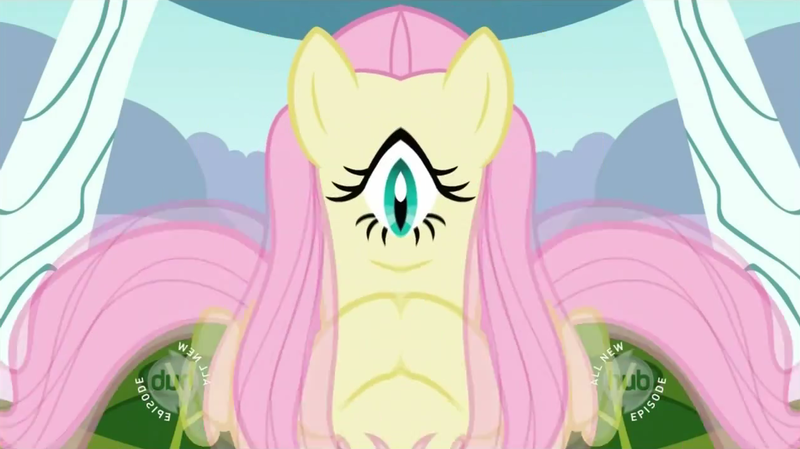 Size: 1268x712 | Tagged: cyclops, derpibooru import, durl, fluttershy, hubble, hub logo, mirrored, safe, shyclops, unitinu