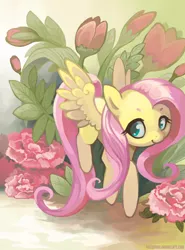 Size: 800x1080 | Tagged: safe, artist:mazzlebee, derpibooru import, fluttershy, pegasus, pony, female, flower, flying, looking at you, looking sideways, looking up, mare, smiling, solo, spread wings, three quarter view, wings