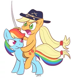 Size: 935x1000 | Tagged: safe, artist:whatsapokemon, derpibooru import, applejack, rainbow dash, pony, cavalry, hat, open mouth, ponies riding ponies, riding, saddle, simple background, sword, white background