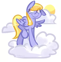 Size: 668x670 | Tagged: safe, artist:steeve, derpibooru import, cloud kicker, pegasus, pony, cloud, cloudy, cropped, female, hooves, mare, on a cloud, solo, spread wings, standing on cloud, sun, wings