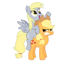 Size: 970x792 | Tagged: safe, artist:danleman14, derpibooru import, applejack, derpy hooves, pegasus, pony, angry, female, mare, ponies riding ponies, riding, simple background, transparent background