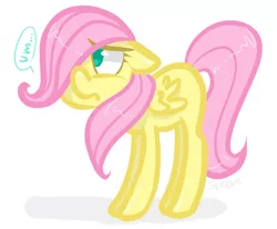 Size: 674x555 | Tagged: safe, artist:steeve, derpibooru import, fluttershy, pegasus, pony, cropped, female, filly, floppy ears, foal, frown, shy, simple background, solo, speech bubble, um