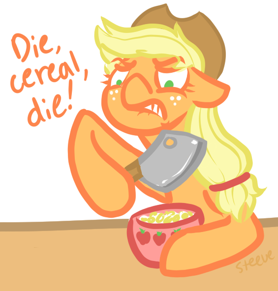 Size: 565x592 | Tagged: safe, artist:steeve, derpibooru import, applejack, earth pony, pony, angry, cereal, cleaver, cropped, female, floppy ears, knife, mare, pun, serial killer, solo, visual pun