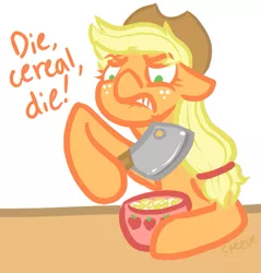 Size: 565x592 | Tagged: safe, artist:steeve, derpibooru import, applejack, earth pony, pony, angry, cereal, cleaver, cropped, female, floppy ears, knife, mare, pun, serial killer, solo, visual pun