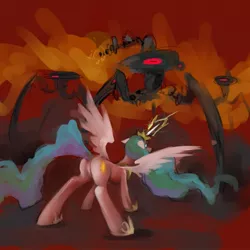 Size: 576x576 | Tagged: artist:hobbes-maxwell, derpibooru import, fight, plot, princess celestia, robot, safe