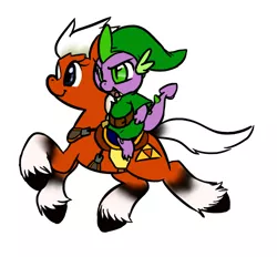Size: 620x576 | Tagged: safe, derpibooru import, spike, ponified, dragon, earth pony, pony, crossover, dragons riding ponies, epona, female, link, linkspike, mare, riding, simple background, the legend of zelda, white background