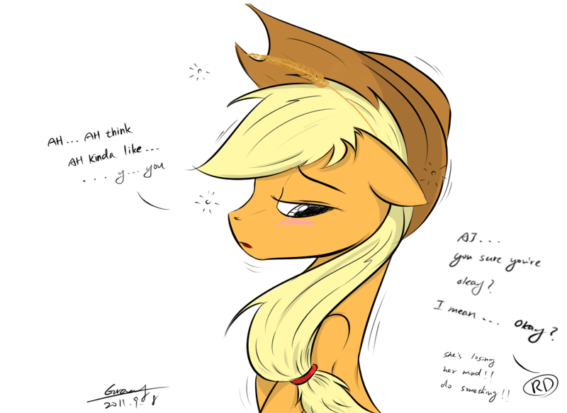 Size: 960x699 | Tagged: dead source, safe, artist:xcopyen002, derpibooru import, applejack, appledash, drunk, drunk aj, female, lesbian, mare, shipping, solo