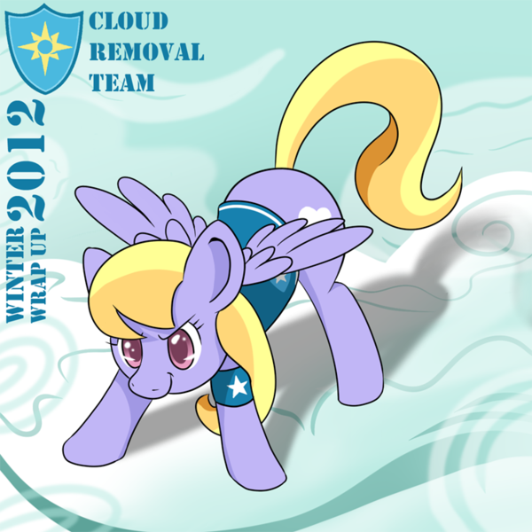 Size: 750x750 | Tagged: safe, artist:tehflah, derpibooru import, cloud kicker, pegasus, pony, winter wrap up, clothes, cloud, female, mare, sky, solo, spread wings, vest, weather team, wings, winter wrap up vest