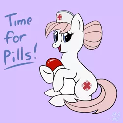 Size: 800x800 | Tagged: safe, artist:tehflah, derpibooru import, nurse redheart, earth pony, pony, female, happy, hoof hold, looking at you, mare, pills, purple background, simple background, sitting, text