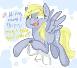 Size: 726x640 | Tagged: safe, artist:steeve, derpibooru import, derpy hooves, pegasus, pony, abstract background, cropped, female, flying, mare, no pupils, solo, waiter