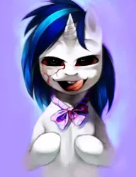 Size: 614x800 | Tagged: dead source, grimdark, artist:crookedtrees, derpibooru import, vinyl scratch, unicorn, blood, female, mare, solo, tongue out