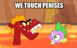 Size: 1139x718 | Tagged: caption, derpibooru import, dragon, dragon quest, edit, edited screencap, garble, gay, implied foalcon, male, screencap, shipping, sparble, spike, suggestive