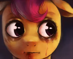 Size: 600x487 | Tagged: dead source, semi-grimdark, artist:crookedtrees, derpibooru import, scootaloo, pegasus, pony, blood, bust, creepy, female, filly, foal, portrait, solo, venetian snares, winter in the belly of a snake