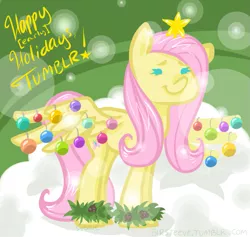 Size: 761x721 | Tagged: safe, artist:steeve, derpibooru import, fluttershy, pegasus, pony, abstract background, christmas, cropped, cute, female, fluttertree, mare, smiling, solo, spread wings