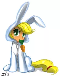 Size: 600x771 | Tagged: applejack, artist:johnjoseco, bunny costume, bunnyjack, bunny pajamas, carrot, clothes, cute, derpibooru import, jackabetes, moe, safe, simple background, solo, white background