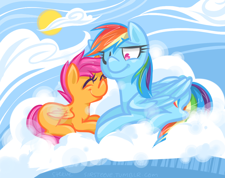 Size: 1010x800 | Tagged: safe, artist:steeve, derpibooru import, rainbow dash, scootaloo, pegasus, pony, blank flank, cloud, cloudy, cropped, cutie mark, eyes closed, female, filly, foal, happy, hooves, lying on a cloud, mare, on a cloud, one eye closed, prone, scootalove, smiling, sun, wings