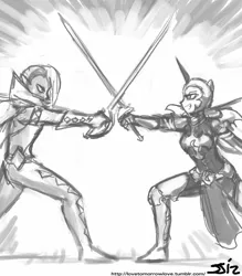 Size: 735x840 | Tagged: artist:johnjoseco, crossover, derpibooru import, ghirahim, grayscale, human, humanized, monochrome, nightmare moon, safe, sword, the legend of zelda