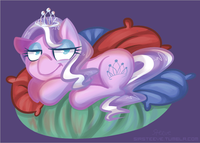 Size: 800x572 | Tagged: safe, artist:steeve, derpibooru import, diamond tiara, earth pony, pony, animated, cushion, cutie mark, female, filly, gif, jewelry, looking at you, pillow, prone, purple background, seizure warning, simple background, smiling, tiara, tumblr