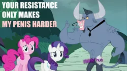 Size: 1280x720 | Tagged: suggestive, derpibooru import, edit, edited screencap, screencap, iron will, pinkie pie, rarity, earth pony, minotaur, pony, unicorn, putting your hoof down, caption, dialogue, female, hub logo, hubble, image macro, implied erection, implied penis, male, mare, meme, microphone, nose piercing, nose ring, piercing, the hub, thumbs up, trio