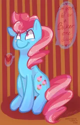 Size: 600x929 | Tagged: safe, artist:steeve, derpibooru import, cup cake, earth pony, pony, abstract background, adobe imageready, blushing, female, heart, mare, sitting, smiling, solo, speech bubble, younger