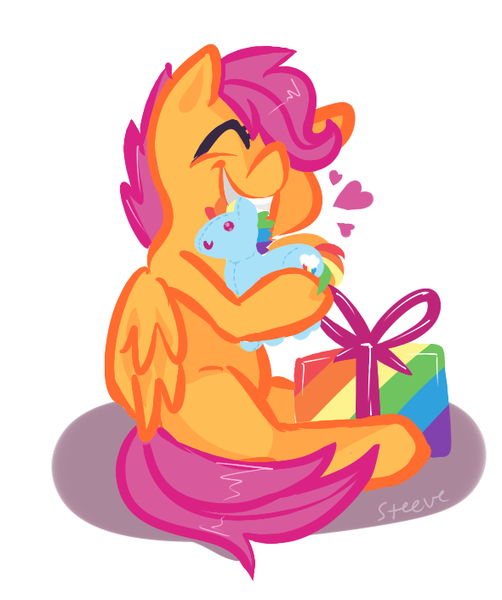 Size: 590x705 | Tagged: safe, artist:steeve, derpibooru import, rainbow dash, scootaloo, pegasus, pony, cropped, eyes closed, female, filly, happy, plushie, present, simple background, sitting, solo, white background