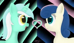 Size: 3600x2100 | Tagged: safe, artist:mikoruthehedgehog, derpibooru import, bon bon, lyra heartstrings, sweetie drops, earth pony, pony, unicorn, eye contact, female, heart, high res, lesbian, looking at each other, lyrabon, mare, shipping, smiling