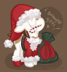 Size: 538x576 | Tagged: safe, artist:steeve, derpibooru import, pipsqueak, earth pony, pony, candy cane, christmas, colt, cropped, floppy ears, hat, male, mouth hold, sack, santa hat, santa sack, solo