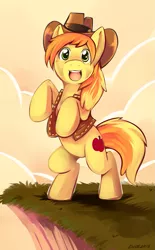 Size: 691x1113 | Tagged: safe, artist:ende26, derpibooru import, braeburn, earth pony, pony, bipedal, clothes, hat, male, open mouth, smiling, solo, stallion