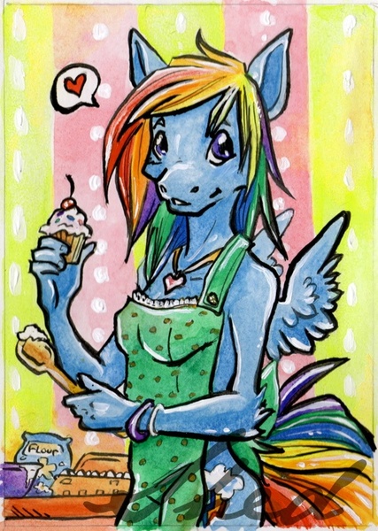 Size: 541x761 | Tagged: anthro, apron, artist:oo0shed0oo, breasts, clothes, cupcake, derpibooru import, heart, naked apron, rainbow dash, safe, small breasts