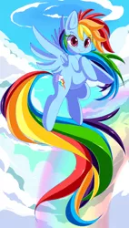 Size: 850x1500 | Tagged: dead source, safe, artist:sugaryrainbow, derpibooru import, rainbow dash, pegasus, pony, cloud, cute, dashabetes, female, flying, rainbow, sky, solo, spread wings, wings