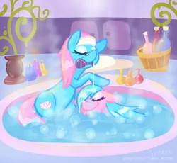 Size: 800x737 | Tagged: safe, artist:steeve, derpibooru import, aloe, lotus blossom, earth pony, pony, bath, cropped, eyes closed, female, mare, mouth hold, shampoo, spa, spa twins, water, wet mane