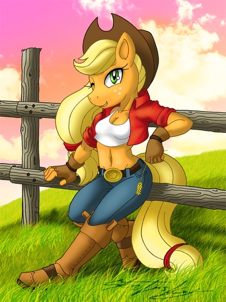 Size: 650x866 | Tagged: anthro, applejack, artist:chili dawg, artist:molochtdl, belly button, breasts, derpibooru import, female, fence, safe, solo