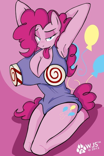 Size: 721x1080 | Tagged: anthro, armpits, artist:wolfjedisamuel, breasts, busty pinkie pie, cleavage, derpibooru import, female, leotard, peppermint, pinkie pie, solo, solo female, suggestive, unguligrade anthro