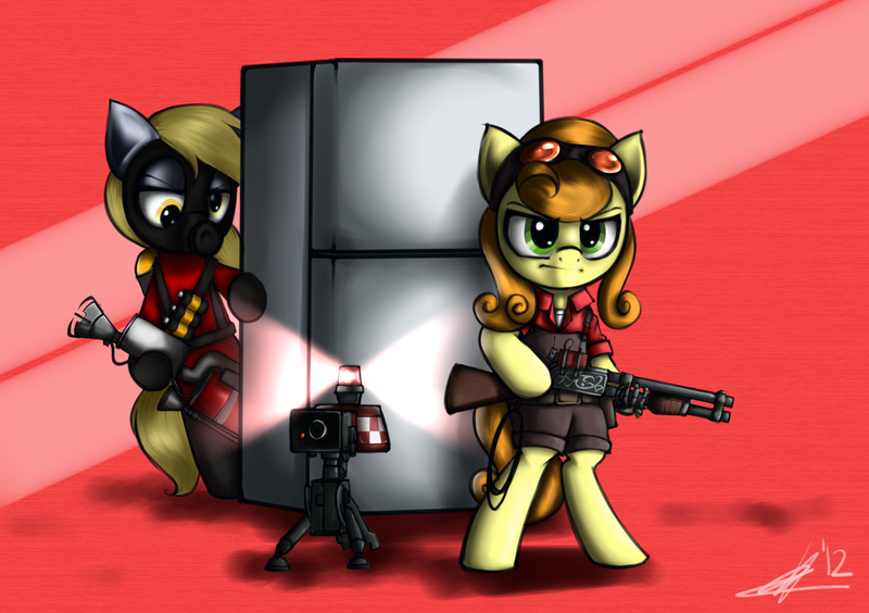 Size: 1280x902 | Tagged: safe, artist:spartan a17, derpibooru import, carrot top, derpy hooves, golden harvest, pegasus, pony, degreaser, derpyro, engineer, female, frontier justice, gunslinger (tf2), i emptied your fridge, mare, mini-sentry gun, pyro, refrigerator, sentry, team fortress 2, turret