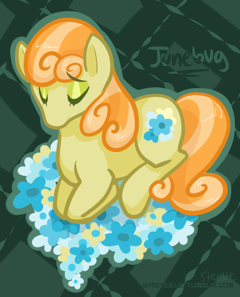 Size: 578x715 | Tagged: safe, artist:steeve, derpibooru import, junebug, earth pony, pony, abstract background, cropped, eyes closed, female, flower, mare, prone, solo