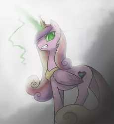 Size: 741x807 | Tagged: safe, artist:soulspade, derpibooru import, princess cadance, queen chrysalis, alicorn, pony, disguise, disguised changeling, fake cadance, female, frown, glowing eyes, glowing horn, grin, image, jpeg, looking at you, mare, sidemouth, smiling, solo