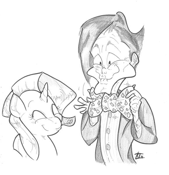 Size: 1700x1758 | Tagged: safe, artist:keentao, derpibooru import, rarity, pony, unicorn, bowtie, crossover, doctor who, duo, eleventh doctor, faic, grayscale, monochrome, simple background, smiling, traditional art, wavy mouth, white background